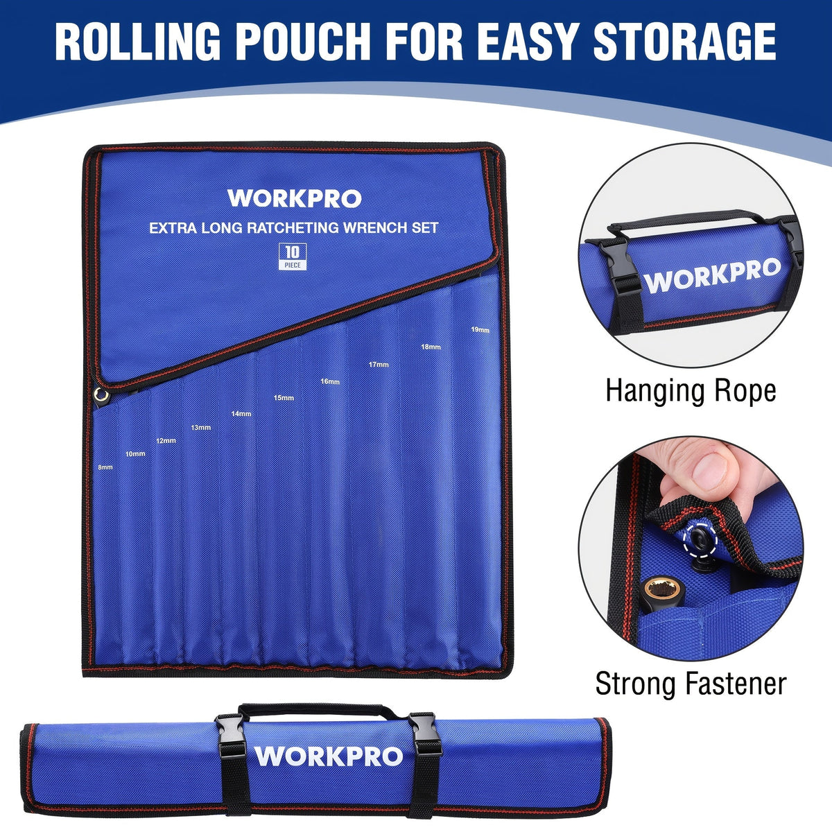WORKPRO Jeu de 10 clés à cliquet extra-longues – Clés polygonales antidérapantes, métriques 8-19 mm, 72 dents, acier au chrome-vanadium, revêtement électrophorétique noir, pochette de rangement incluse, kit d'outils à main professionnel