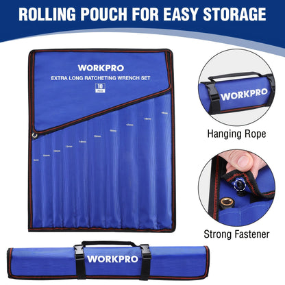 WORKPRO Jeu de 10 clés à cliquet extra-longues – Clés polygonales antidérapantes, métriques 8-19 mm, 72 dents, acier au chrome-vanadium, revêtement électrophorétique noir, pochette de rangement incluse, kit d'outils à main professionnel