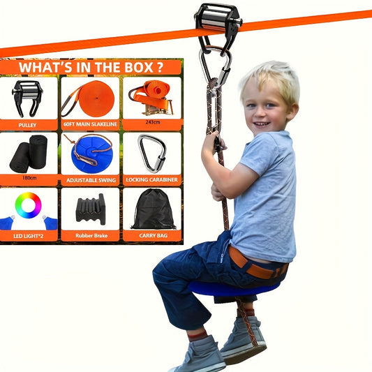Backyard Zipline Kit 9-Piece Set for Kids & Adults, Outdoor Zip Line with Slim Pulley, Triangular Hook, Flat Strap, ABS Swing Seat & Carry Bag - Backyard Zip Line Accessories for Trees, Outdoor Play Set
