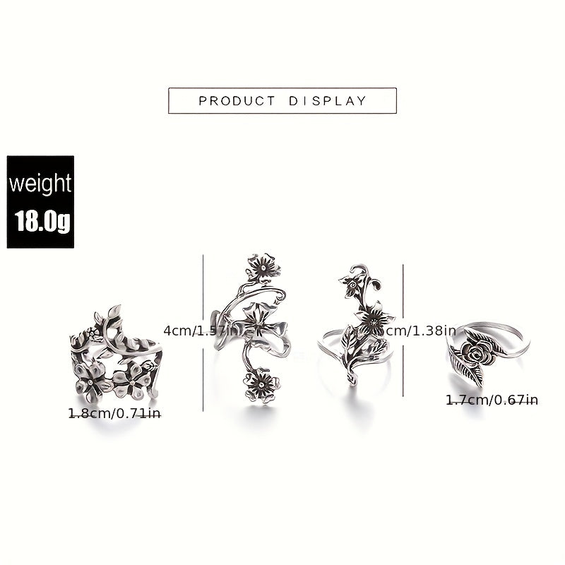 Ensemble de bagues empilables vintage à motif floral pour femme en argent sterling 925 – Lot de 4 bagues bohèmes, bijoux minimalistes élégants, cadeau idéal pour un anniversaire ou Noël