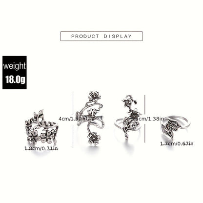 Ensemble de bagues empilables vintage à motif floral pour femme en argent sterling 925 – Lot de 4 bagues bohèmes, bijoux minimalistes élégants, cadeau idéal pour un anniversaire ou Noël