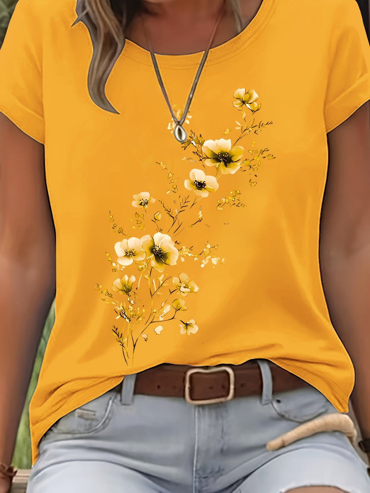 T-shirt pour femme à motif floral aquarelle – Haut décontracté élégant à col rond et manches courtes pour le printemps et l'été