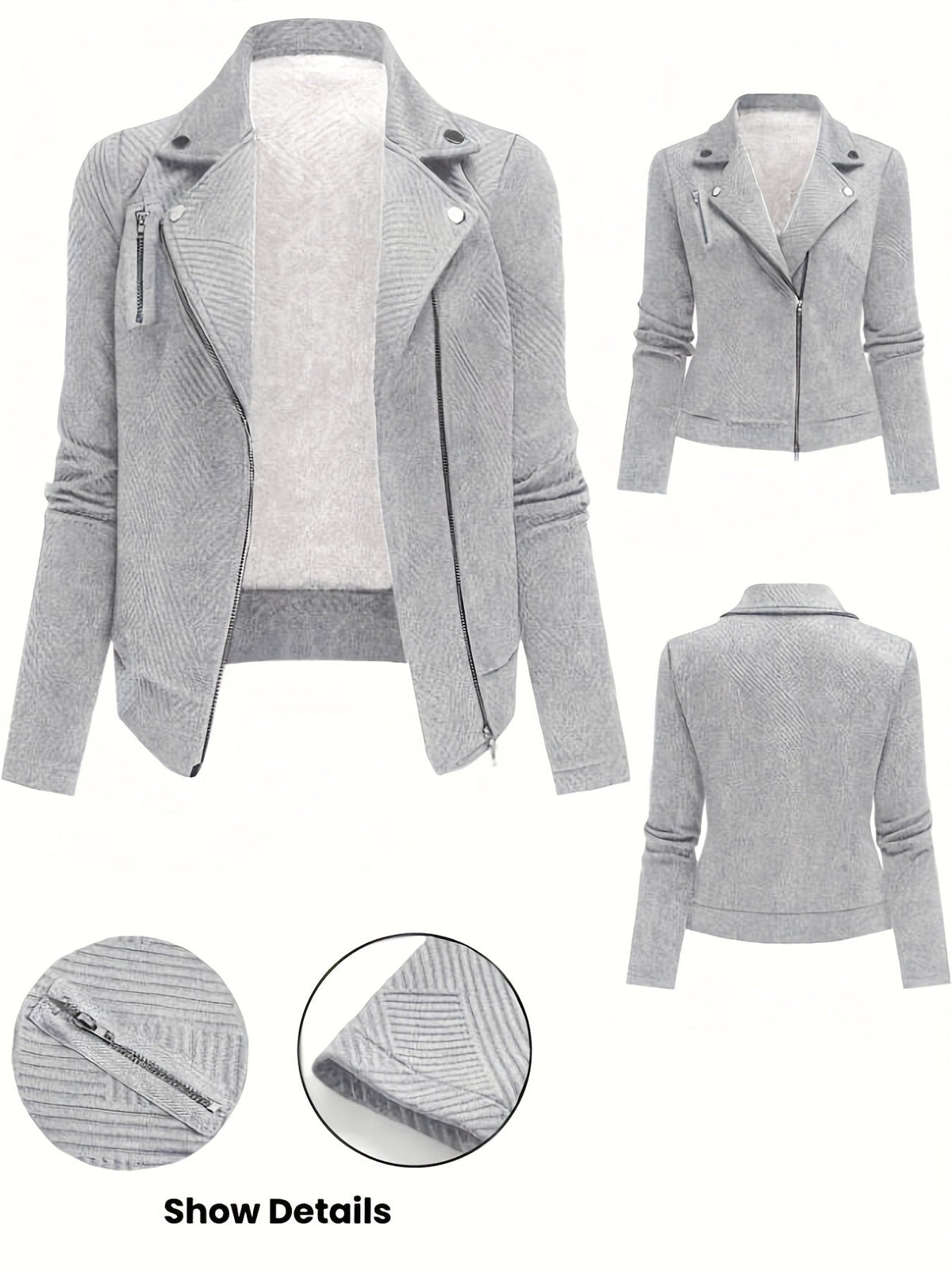 Veste de motard pour femme unie avec fermeture éclair et boutons à motif géométrique - Manteau de moto décontracté et élégant pour l'automne et l'hiver, idéal pour le quotidien ou un look streetwear