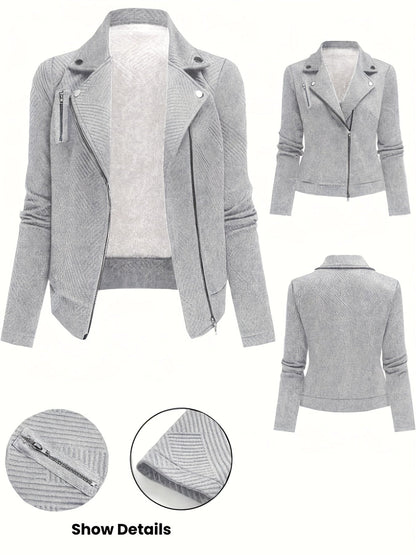 Veste de motard pour femme unie avec fermeture éclair et boutons à motif géométrique - Manteau de moto décontracté et élégant pour l'automne et l'hiver, idéal pour le quotidien ou un look streetwear