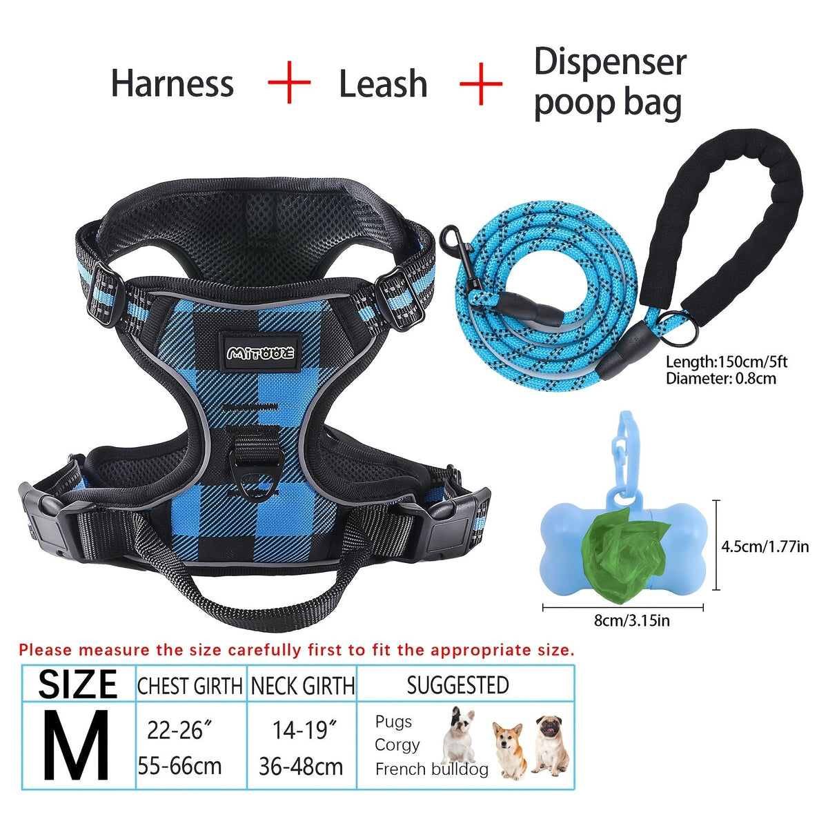 Ensemble harnais et laisse pour chien 4 pièces, gilet réfléchissant en Oxford anti-traction et anti-étranglement avec laisse, distributeur de sacs à déjections et poignée de contrôle facile, pour chiens moyens et grands, dressage et promenade en extérieur