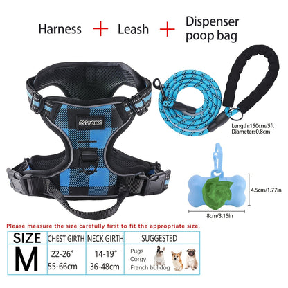 Ensemble harnais et laisse pour chien 4 pièces, gilet réfléchissant en Oxford anti-traction et anti-étranglement avec laisse, distributeur de sacs à déjections et poignée de contrôle facile, pour chiens moyens et grands, dressage et promenade en extérieur