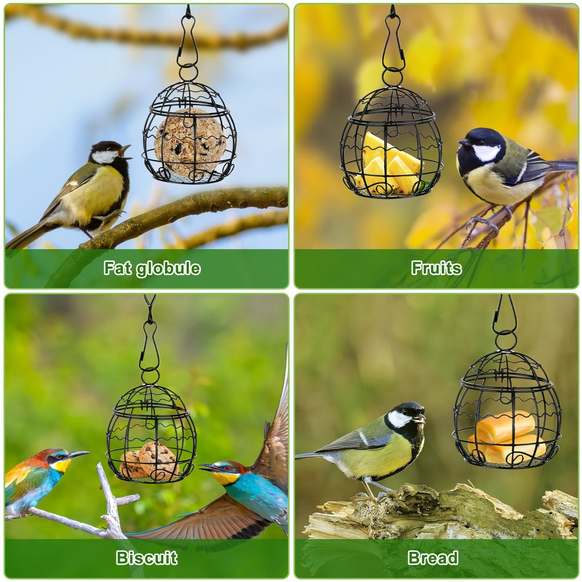 Lot de 4 mangeoires à oiseaux suspendues pour l'extérieur, stations de nourrissage pour oiseaux sauvages avec crochets, ensemble pour balcon et jardin, support de mangeoire suspendu durable pour petits oiseaux, colibris et oiseaux chanteurs