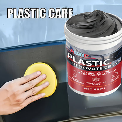 Cire rénovatrice pour plastiques de voiture 400 g – Polish haute brillance résistant aux UV pour tableau de bord, pare-chocs, pneus et garnitures extérieures, pâte de detailing intérieur et extérieur anti-décoloration, séchage rapide non gras