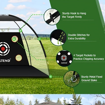 Filet de pratique de golf 10x7 pi avec tapis, balles, tees et sac de transport – Filet de frappe robuste pour jardin, sous-sol et usage intérieur/extérieur, équipement d'entraînement de golf, cadeau pour hommes et femmes