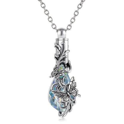 Butterfly Crystal Urn Necklace for Ashes - Teardrop Cremation Pendant Holder for Women, Animal Memorial Jewelry for Pet & Human Loss, Elegant Silver Keepsake Necklace (Silvery)