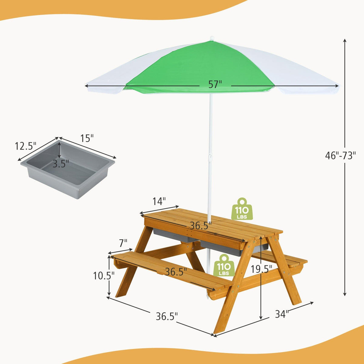 Table de pique-nique 3-en-1 pour enfants COSTWAY avec parasol réglable – Table d'activités en bois pour sable et eau, plateau amovible, capacité de 50 kg, ensemble de jeu intérieur et extérieur pour jardin et cour, naturel