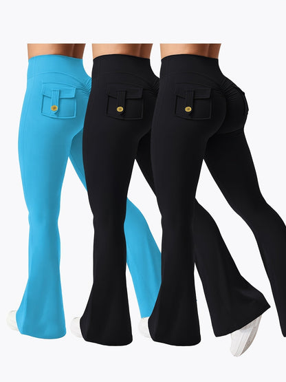 Ensemble 3 pièces pour femme : pantalon de yoga évasé à taille haute avec ceinture et poches, legging galbant effet push-up, squat-proof, 90 % polyester extensible, coupe évasée pour le sport, la gym, la course et le quotidien