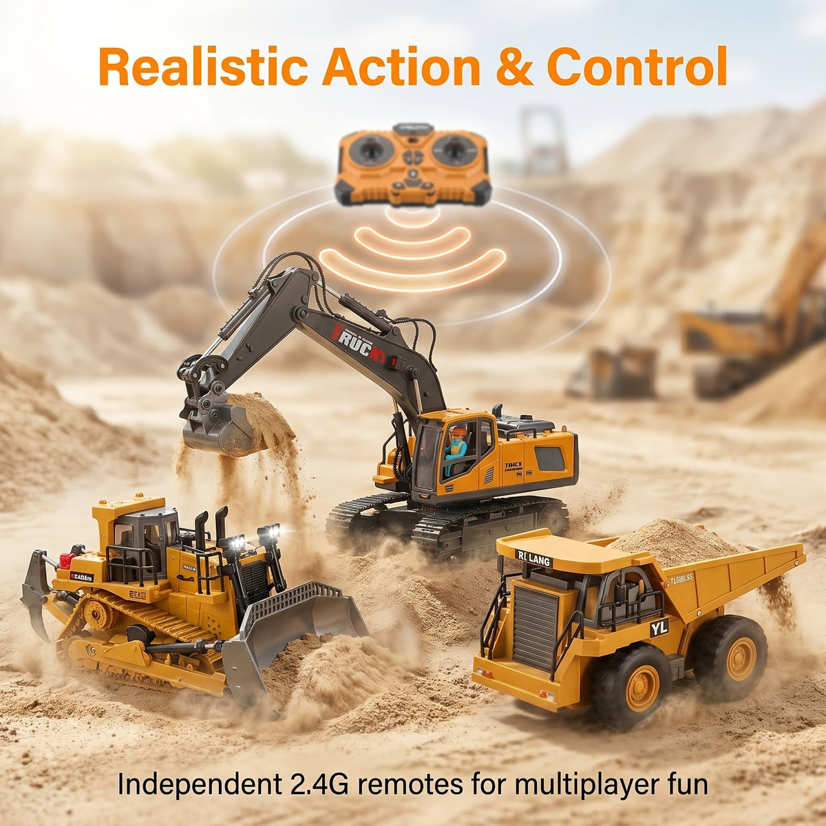 Coffret cadeau véhicule de chantier radiocommandé 4-en-1 - Excavatrice, camion benne et bulldozer télécommandés 2,4 GHz à 11 canaux, jouets de construction en alliage et plastique pour enfants, garçons et débutants