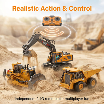 Coffret cadeau véhicule de chantier radiocommandé 4-en-1 - Excavatrice, camion benne et bulldozer télécommandés 2,4 GHz à 11 canaux, jouets de construction en alliage et plastique pour enfants, garçons et débutants