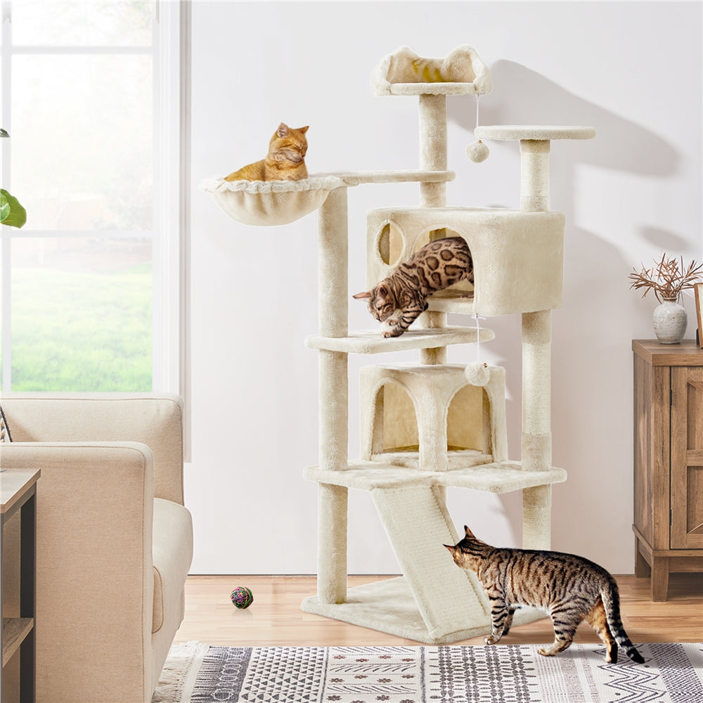 Arbre à chat multiniveaux de 145 cm avec 2 niches – poteaux à griffer en sisal, balle suspendue, plateforme ronde et échelle pour chatons et petits chats d'intérieur, 6 couleurs, cadeau de Noël pour les amoureux des chats