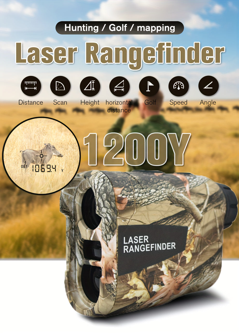 Télémètre laser 1200 yards – Grossissement 6X, rechargeable, compensation de pente, verrouillage de drapeau, mesure de vitesse et d'altitude, design camouflage pour golf et chasse