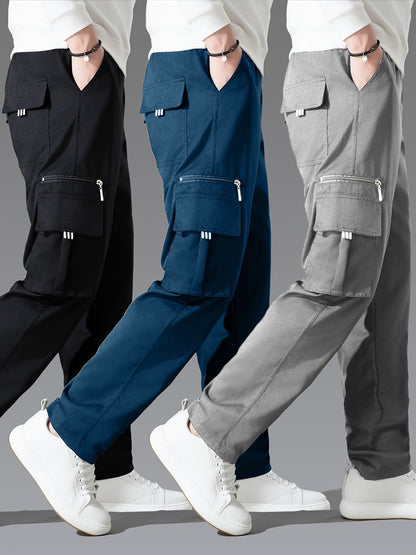 Lot de 3 pantalons cargo pour homme, coupe droite multipoches – Pantalon de randonnée en polyester tissé uni pour le printemps et l'automne, tailles S à XXXL, 9 combinaisons de couleurs
