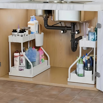 Lot de 2 organisateurs sous évier avec étagères à tiroirs coulissants – Rangement de placard extractible pour salle de bain, cuisine, cellier et meuble-lavabo, cadre en métal durable, organisation gain de place, noir ou blanc