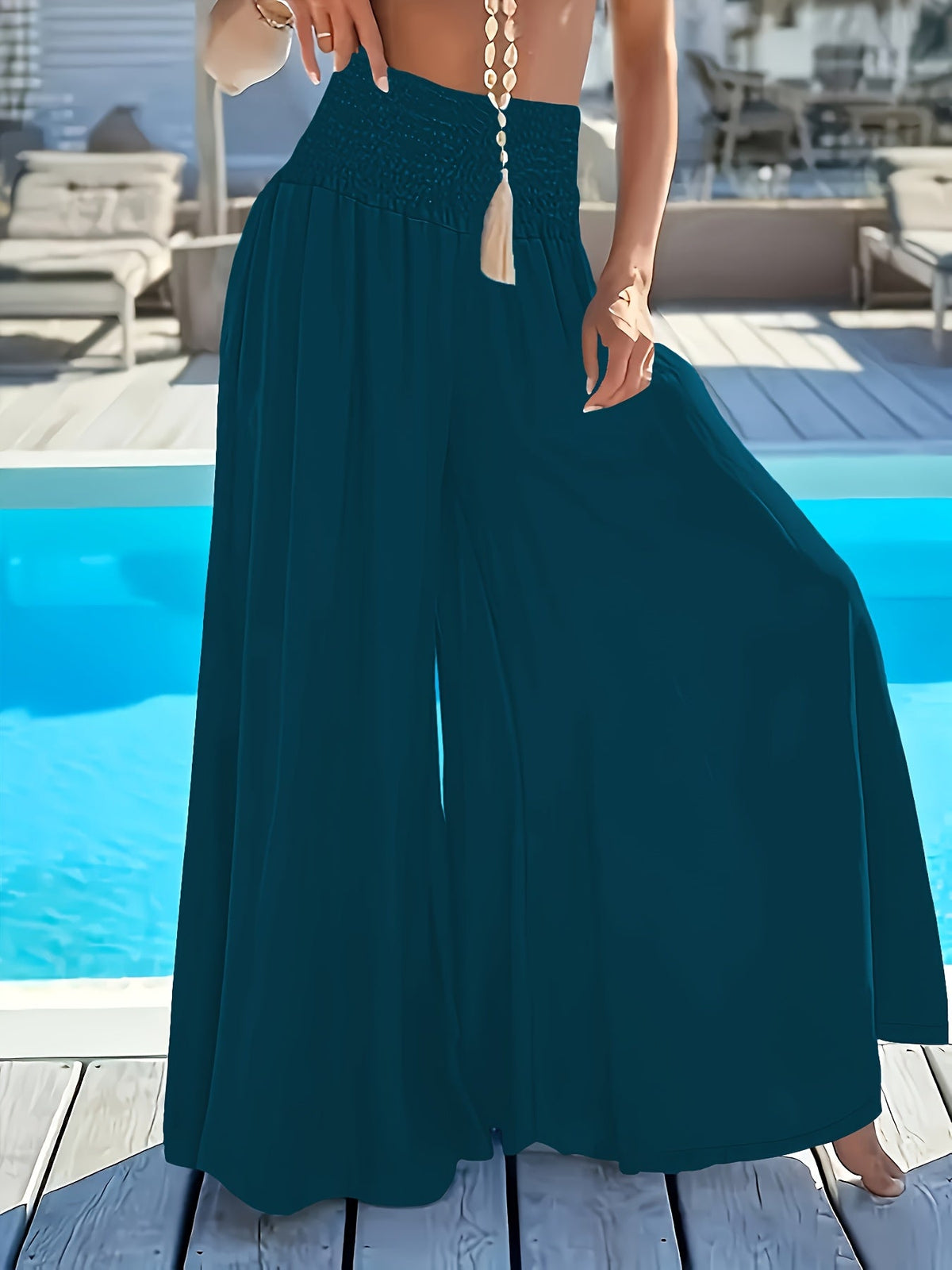 Pantalon large évasé pour femme, taille élastique, coupe ample, pantalon décontracté pour les vacances, bas élégants, blanc, noir, rouge, bleu paon, XS-XXL