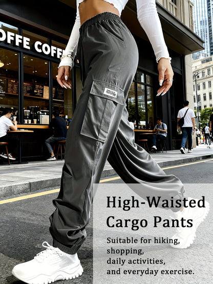 Pantalon cargo pour femme avec poches zippées – Taille élastique à cordon de serrage, grandes poches, pantalon décontracté pour l'extérieur, noir, gris, vert, bleu, XS-XXL