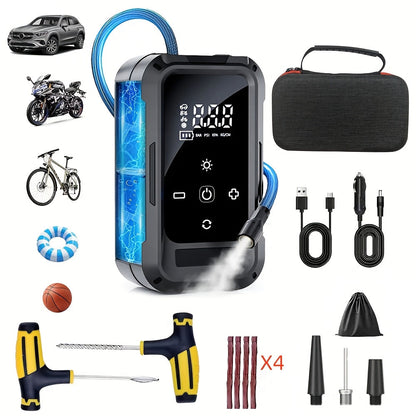 Gonfleur de pneus portable sans fil – Compresseur d'air intelligent sans fil avec manomètre numérique et lampe LED pour voitures, motos, vélos et ballons, recharge rapide Type-C