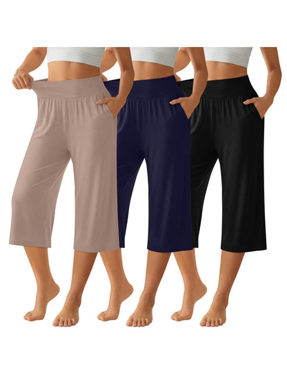 Lot de 3 pantalons Capri pour femme – Pantalons de jogging amples style détente, coupés avec poches et taille élastique, pantalon Capri de yoga pour le printemps, l'été, l'automne et les tenues décontractées du week-end