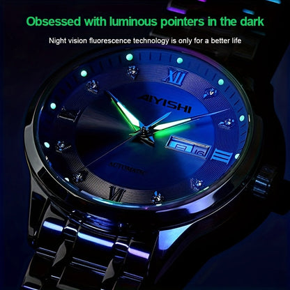Montre à quartz de luxe pour homme, cadran tourbillon en acier inoxydable, affichage de la date, luminescence nocturne, montre sport et habillée, garde-temps élégant, cadeau de fête des pères pour homme