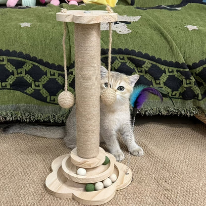Arbre à chat multi-niveaux en sisal de qualité supérieure avec 6 balles jouets en bois, 2 balles suspendues et 2 plumeaux, base antidérapante, arbre à chat interactif pour chats d'intérieur et chatons