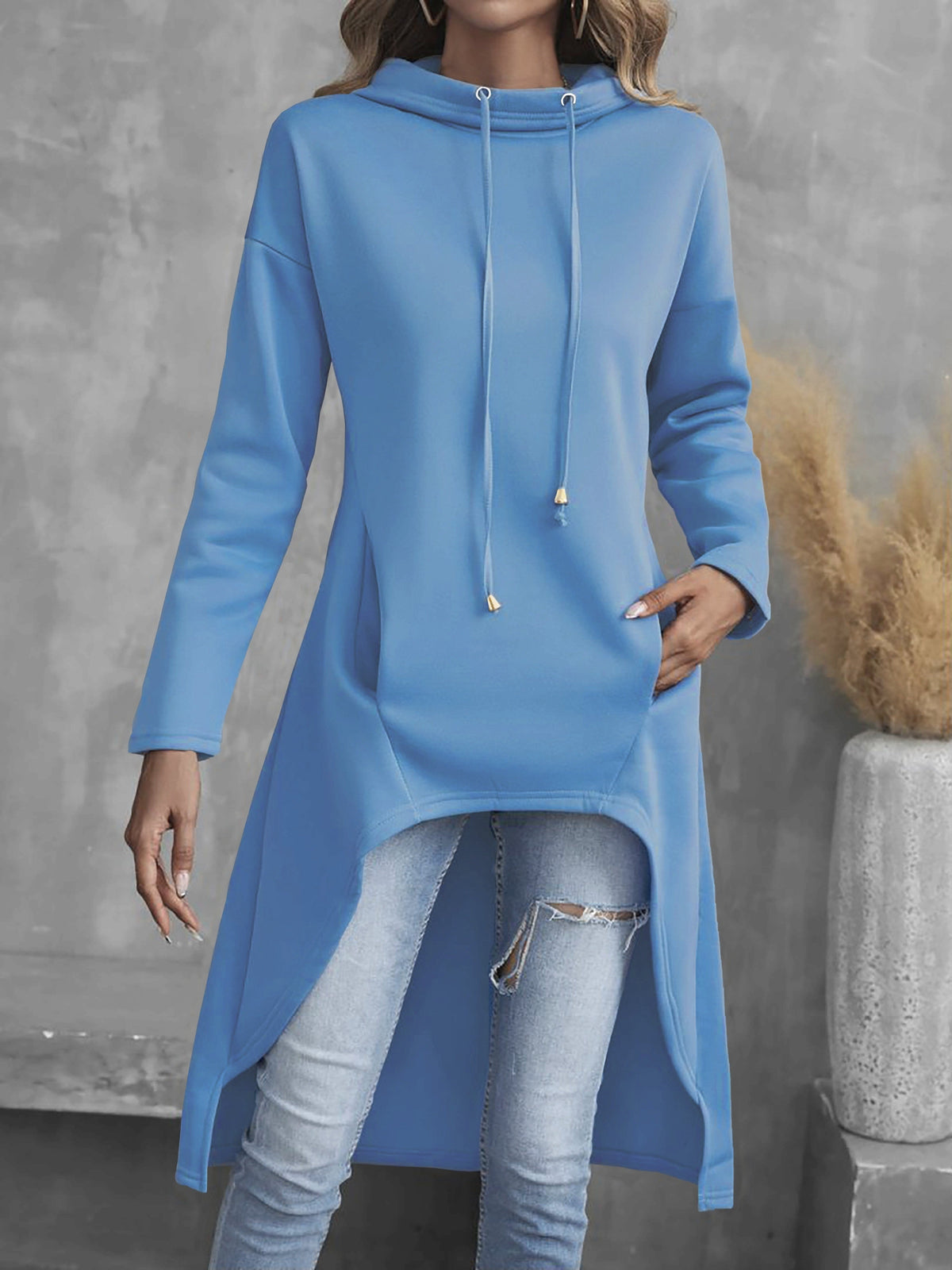 Sweat-shirt à capuche pour femme, coupe asymétrique, manches longues, cordon de serrage, couleur unie, haut à capuche décontracté, rouge, noir, bleu, gris, jaune, S-XXL