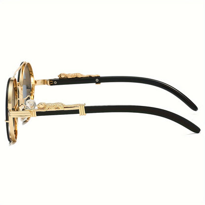 Lunettes de soleil rondes à monture en métal avec verres dégradés pour hommes et femmes – Luxe, double pont, détails léopard sur les charnières, verres en polycarbonate dégradés, étui inclus, style chic pour les vacances et la ville