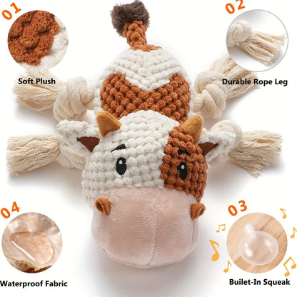 Squeaky Cow Dog Toy Plush Interactive Tug-of-War with Crinkle Paper, IQ Training Chew Toy for Small Medium Large Dogs, No Battery Needed, Anxiety Relief Pet Toy