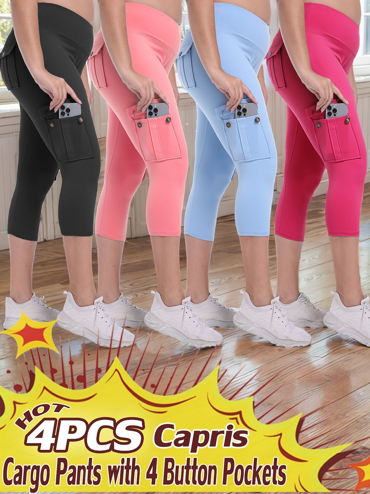 Lot de 4 pantalons de yoga Capri taille haute pour femmes, extensible dans les 4 sens, galbant, gainant, 4 poches - Leggings de sport pour la course, S-XXL, toutes saisons