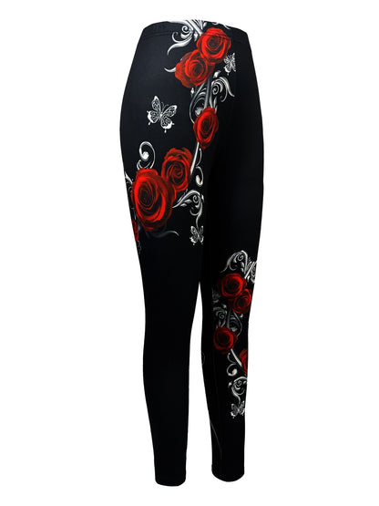 Women's Rose Print Bodycon Leggings Black Romantic Floral Sexy Curve-Hugging Stretch Pants All Season Machine Washable S M L XL XXL