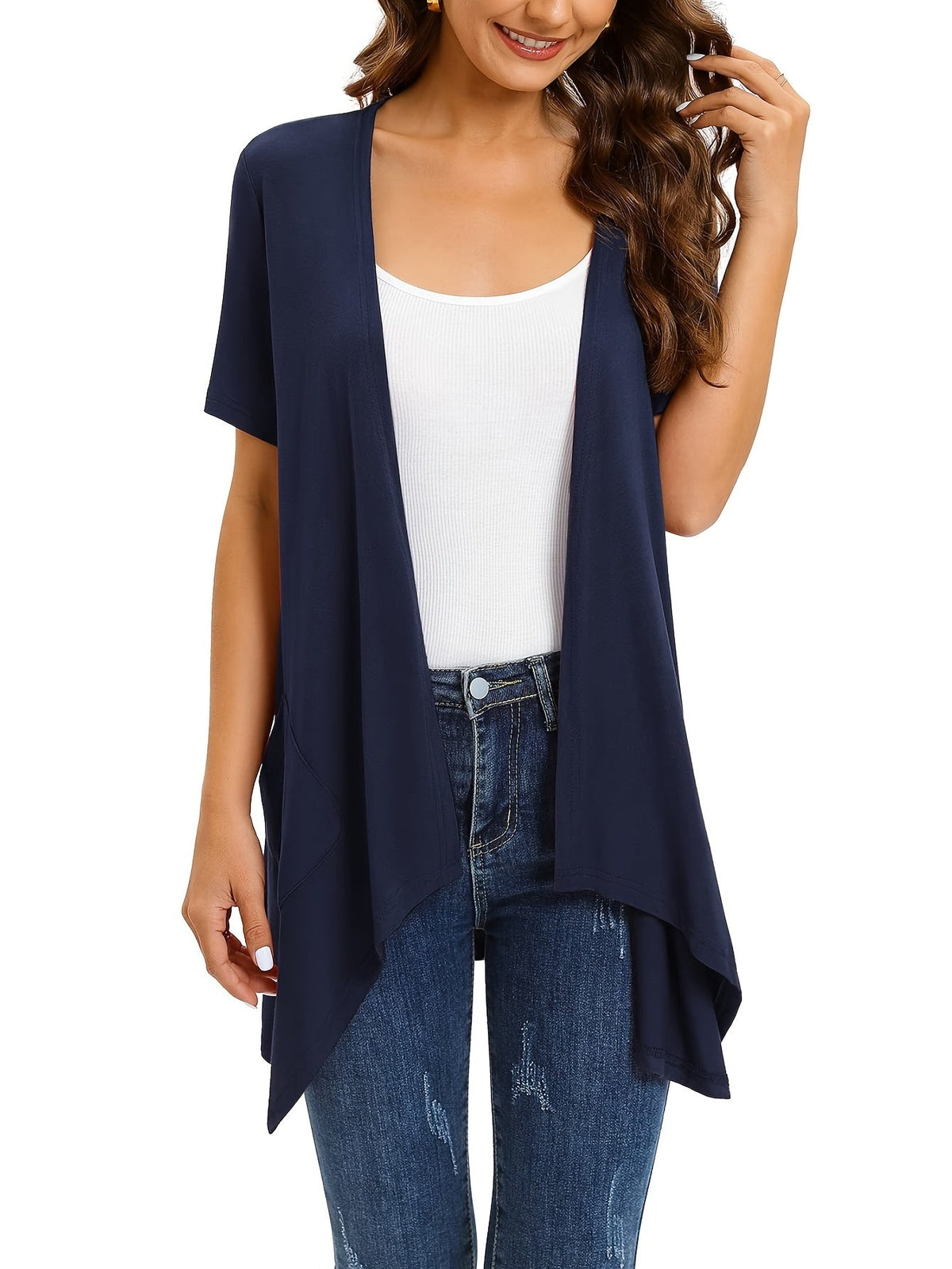 Women's Dual Pockets Open Front Coat Short Sleeve Halter Neck Asymmetrical Hem Knit Cardigan - Casual Lightweight Outerwear for Spring Summer Beach Vacation