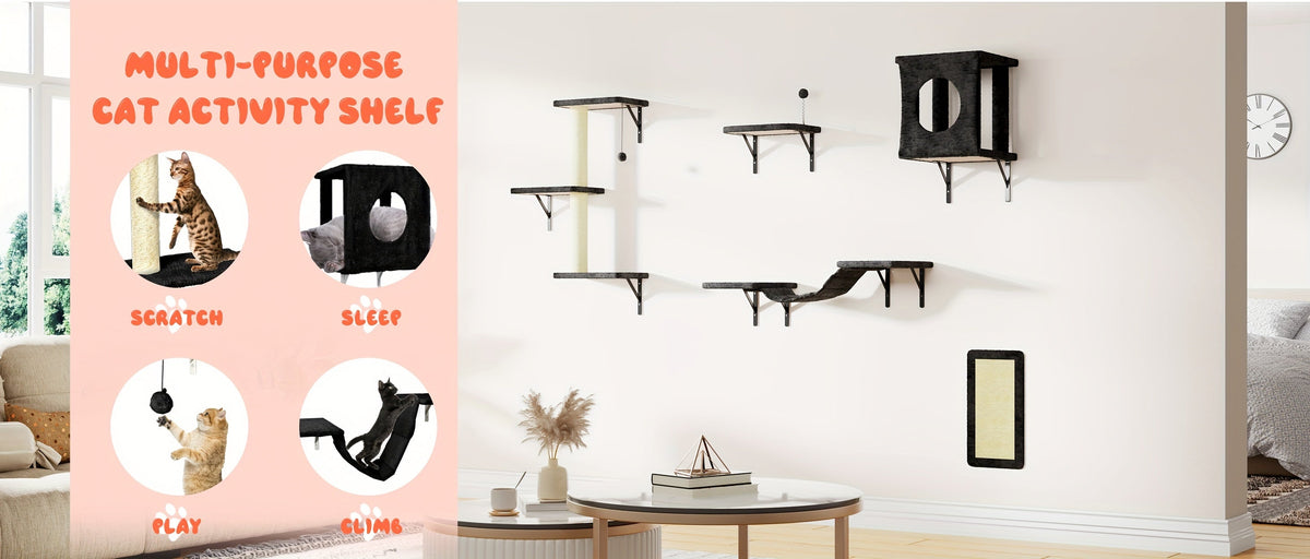 Ensemble de 5 étagères murales pour chats - Perchoir, grimpeur et pont flottants pour chats, mobilier moderne pour chats d'intérieur, alternative à l'arbre à chat avec plateforme de couchage, maison pour chat gain de place