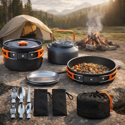 Kit de cuisine de camping 8/9/14/15 pièces, ensemble de cuisson portable antiadhésif en alliage d'aluminium avec bouilloire, casserole, poêle, assiettes et ustensiles, équipement de cuisine léger pour randonnée et voyage