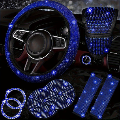 Ensemble d'accessoires de voiture 8 pièces en strass pour femme – Housse de volant, sous-verres, coussinets de ceinture de sécurité, anneaux de démarrage et housse de pommeau de levier de vitesse, 7 couleurs, kit intérieur à paillettes scintillantes
