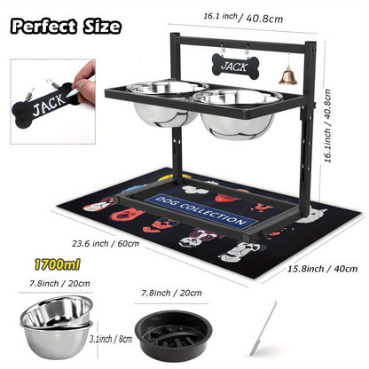 Elevated Dog Bowl Stand with Slow Feeder & Spillproof Mat - Height Adjustable 4.5"-12" Raised Dog Feeder with 2 Stainless Steel Bowls - Iron Frame Dog Bowl Stand for Large Medium Dogs Joint Health