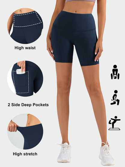 Short de yoga taille haute pour femme – Short de sport extensible 4 directions, anti-transpirant, avec ceinture élastique et poches latérales pour la course, le vélo et l'entraînement – Noir, gris foncé et bleu marine, tailles S-XXL