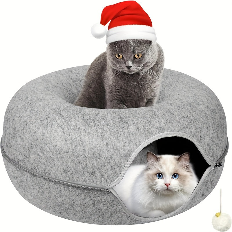 Lit tunnel pour chat, cachette d'intérieur - Tunnel pour chat en forme de beignet, pliable et utilisable en toute saison, avec ouverture pour chats d'intérieur, peluche douce, gris foncé et gris clair, disponible en 50 et 60 cm, cadeau idéal pour chat