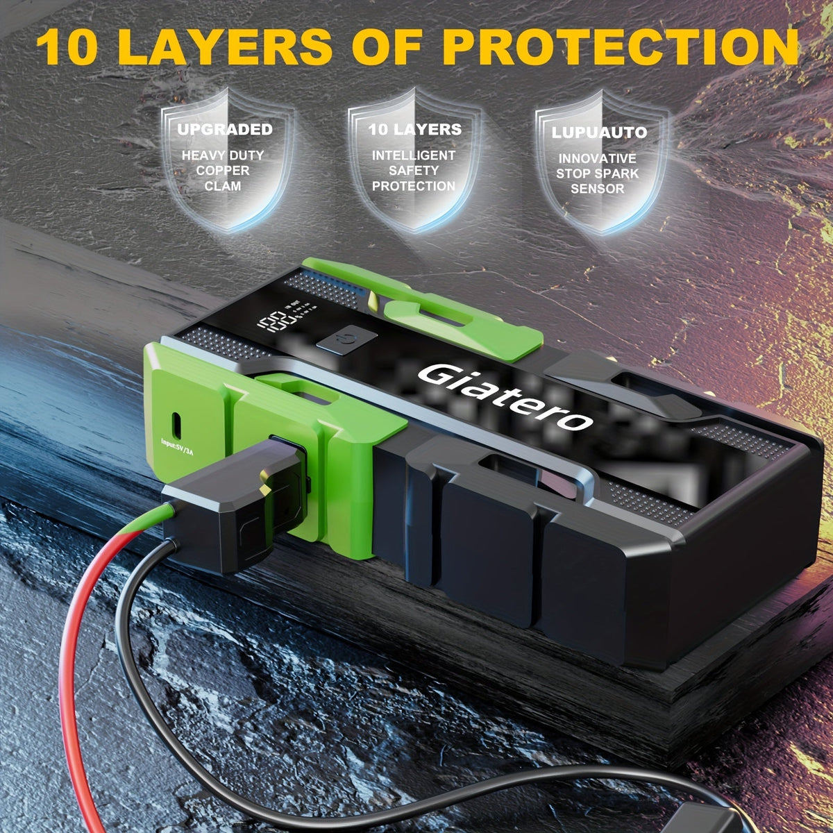 Démarreur de voiture portable 12 V avec compresseur d'air intégré – Booster de batterie d'urgence pour moteurs essence (14 L) et diesel (12 L), camions et voitures, alimentation de secours pour démarrage