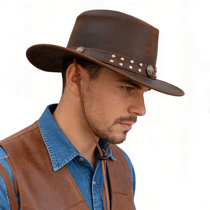 Chapeau de cow-boy en cuir véritable pour hommes et femmes, style western australien à larges bords, forme modulable, protection UV, chapeau vintage marron avec cordon de menton, tailles S à 3XL