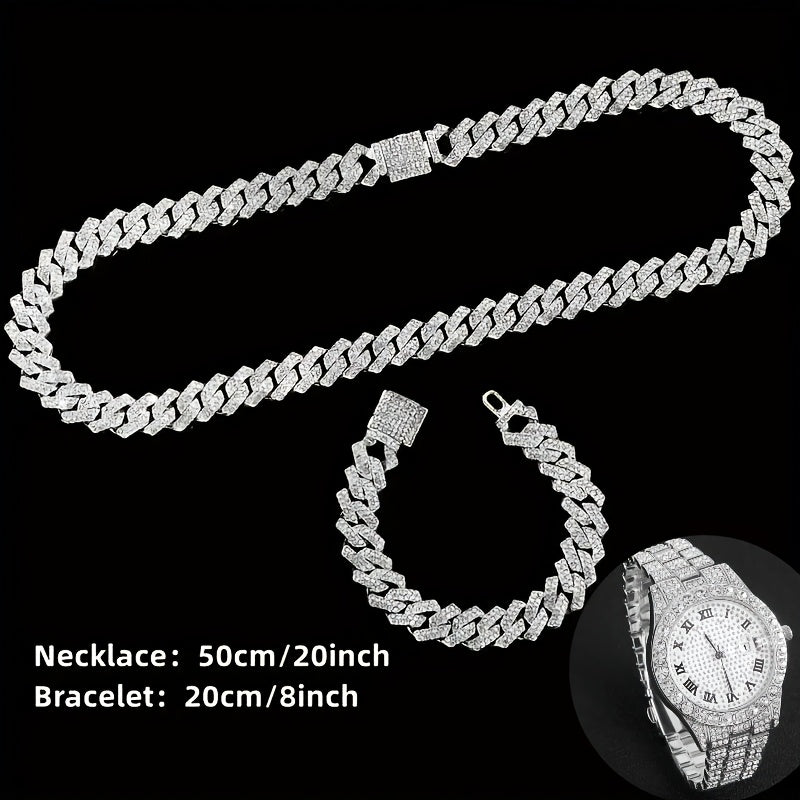 Ensemble de montre Hip Hop pour homme avec strass, chaîne cascade et collier – Parure de bijoux avec montre à quartz étincelante pour homme, 3 et 5 pièces, cadeau idéal pour les fêtes