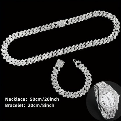Ensemble de montre Hip Hop pour homme avec strass, chaîne cascade et collier – Parure de bijoux avec montre à quartz étincelante pour homme, 3 et 5 pièces, cadeau idéal pour les fêtes
