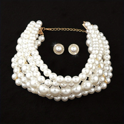 Parure de bijoux pour femme style français comprenant un collier multi-rangs à perles et des boucles d'oreilles géométriques rondes, ton doré, élégant pour banquet ou mariage