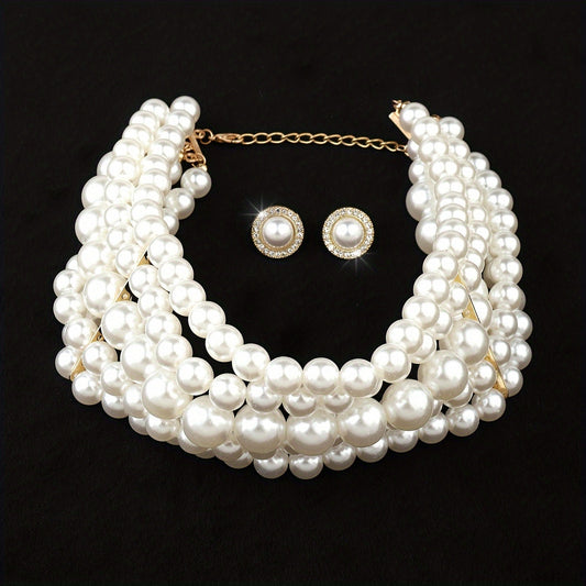 Parure de bijoux pour femme style français comprenant un collier multi-rangs à perles et des boucles d'oreilles géométriques rondes, ton doré, élégant pour banquet ou mariage