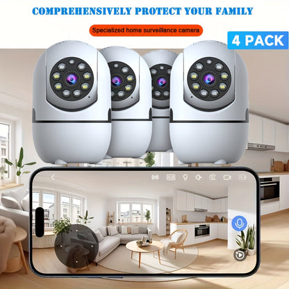 Pack de 4 caméras de sécurité WiFi d'intérieur, panoramique et inclinaison à 355°, vision nocturne, détection de mouvement, audio bidirectionnel, moniteur pour bébé et animaux – WiFi double bande 2,4 GHz/5 GHz, Cloud, carte SD 256 Go, compatible Alexa