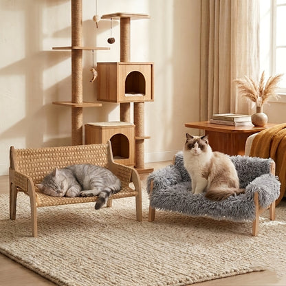 Canapé-lit surélevé pour animaux, fauteuil de repos pour chien et chat en bois massif avec tapis en bambou, meuble moderne pour petits et moyens chiens et chats, robuste et élégant, gris et blanc