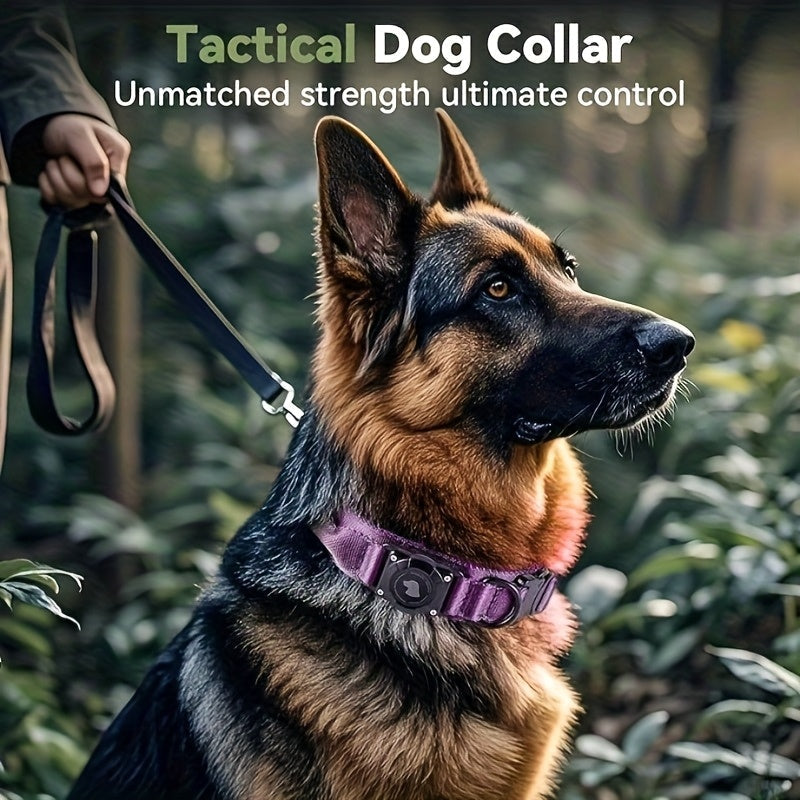 Collier tactique pour chien avec support AirTag et poignée – Nylon PC robuste, réglable M/L/XL pour chiens moyens et grands, collier de dressage de style militaire avec poignée de contrôle