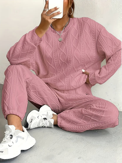 Ensemble survêtement 2 pièces pour femme – Haut à manches longues et col rond en jacquard texturé et pantalon de jogging, tenue de détente décontractée et respirante pour le printemps et l'été S-XXL